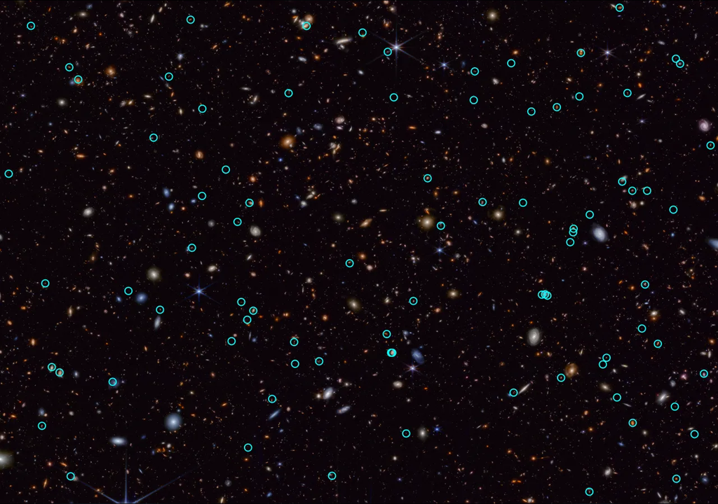 JADES Deep Field es un campo profundo registrado por JWST y las posibles supernovas distantes están rodeadas por un círculo verde. JADES Deep Field es un campo profundo registrado por JWST y las posibles supernovas distantes están rodeadas por un círculo verde.