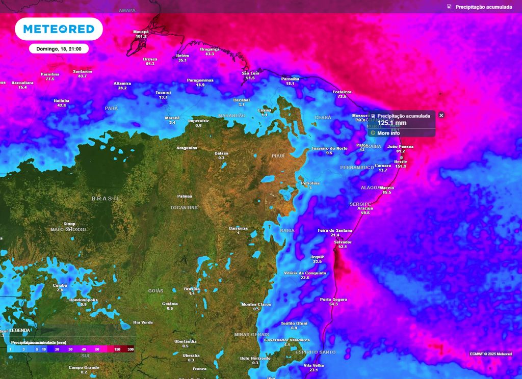 Mapa de precipitação acumulada entre quinta-feira (16) e domingo (18). Mapa de precipitação acumulada entre quinta-feira (16) e domingo (18).
