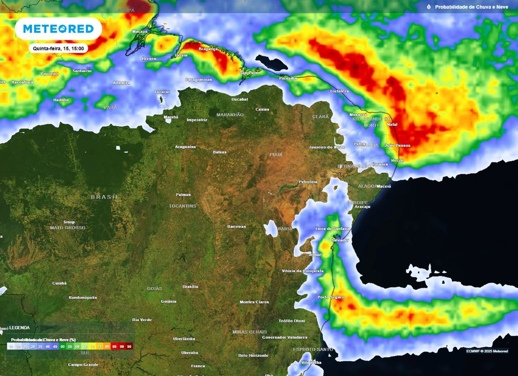 Mapa de probabilidade de precipitação para a tarde de quinta-feira (15), segundo o modelo ECMWF. Mapa de probabilidade de precipitação para a tarde de quinta-feira (15), segundo o modelo ECMWF.