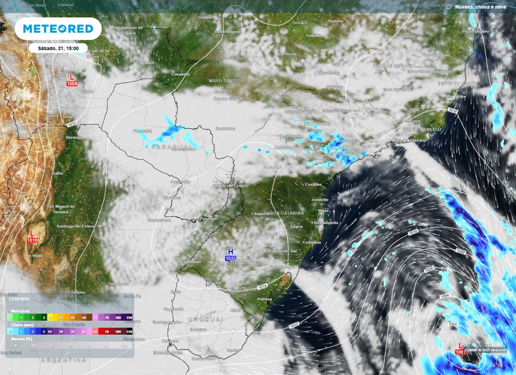 Nebulosidade, pressão a nível médio do mar e chuva prevista para a manhã de sábado (21), segundo o modelo ECMWF. Nebulosidade, pressão a nível médio do mar e chuva prevista para a manhã de sábado (21), segundo o modelo ECMWF.