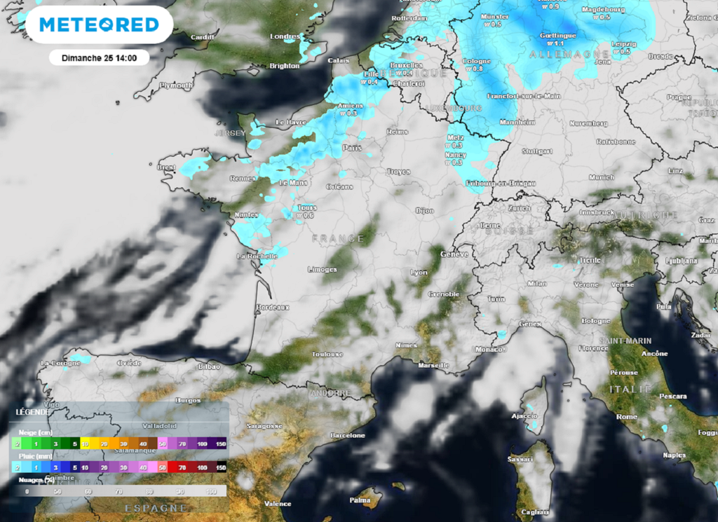 Une perturbation traversera la moitié nord du pays durant la journée de dimanche, apportant des pluies généralement faibles. Une perturbation traversera la moitié nord du pays durant la journée de dimanche, apportant des pluies généralement faibles.